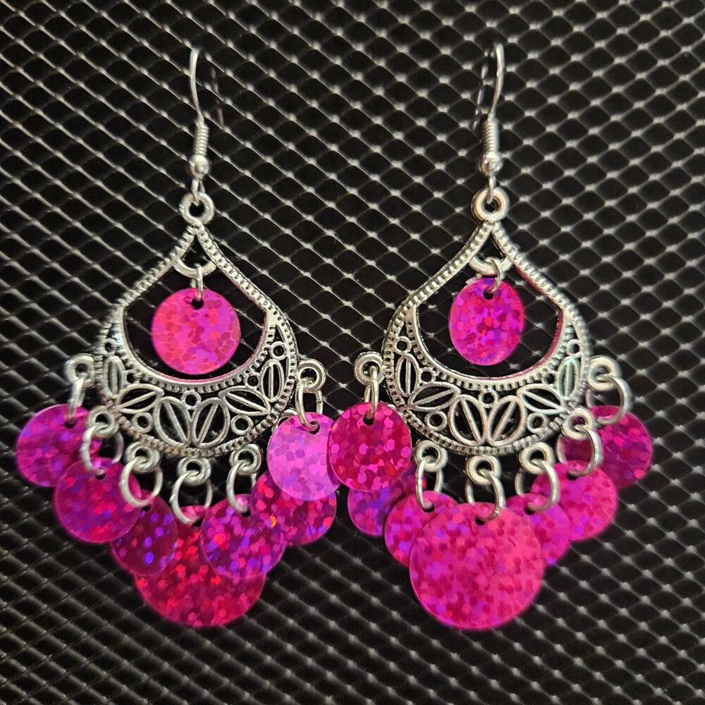 Antique silver and fuchsia holographic sequin chandelier earrings